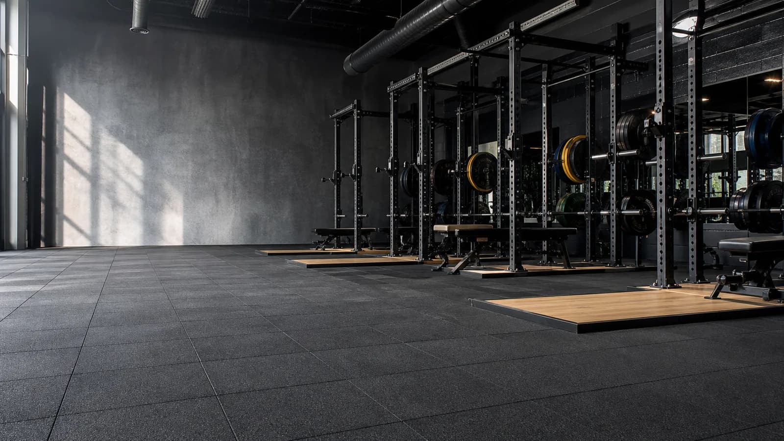 Dedicated weight room with heavy-duty rubber tile flooring