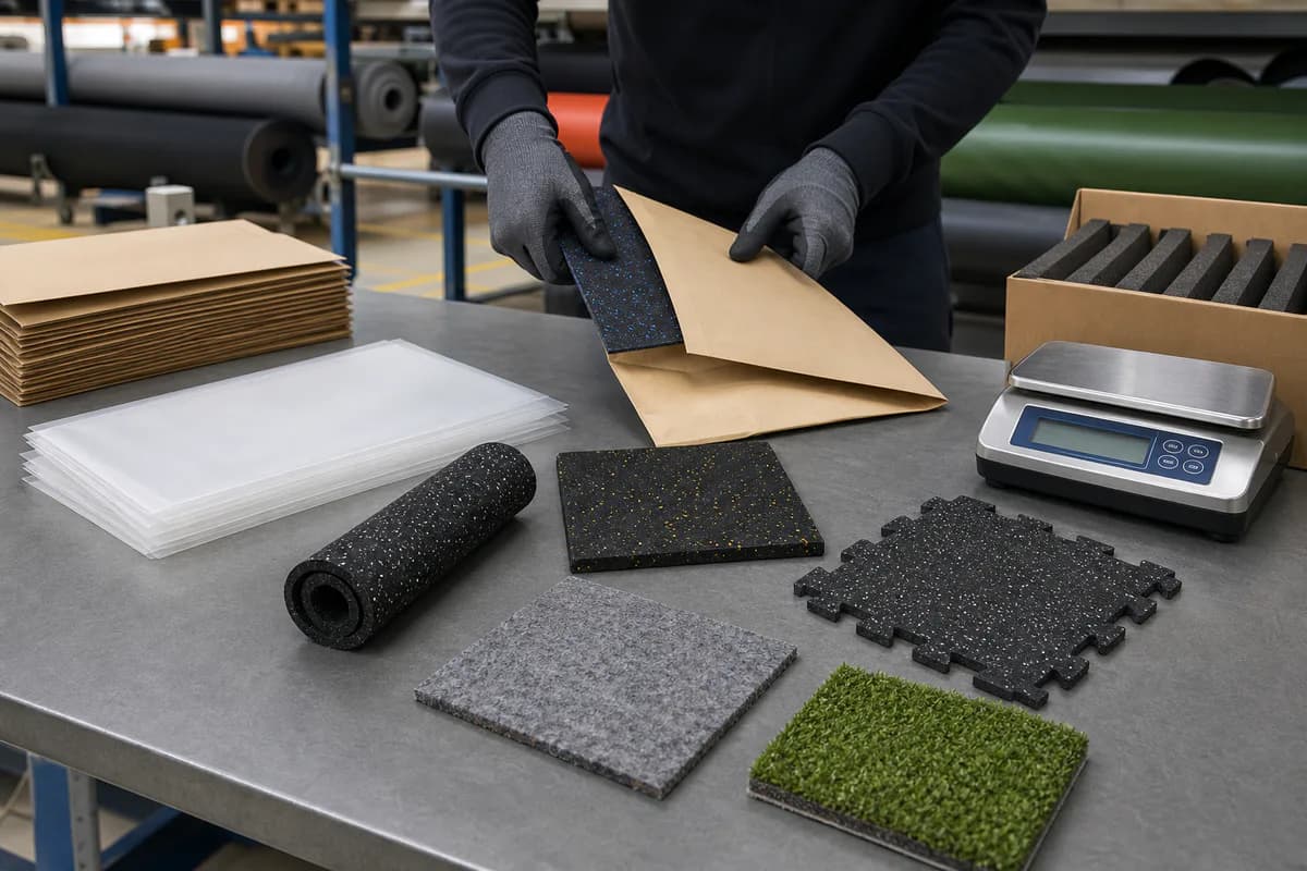 Gym flooring product samples organized for factory review and buyer follow-up