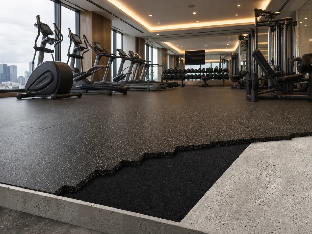 Upper-floor commercial gym with layered acoustic flooring beneath equipment
