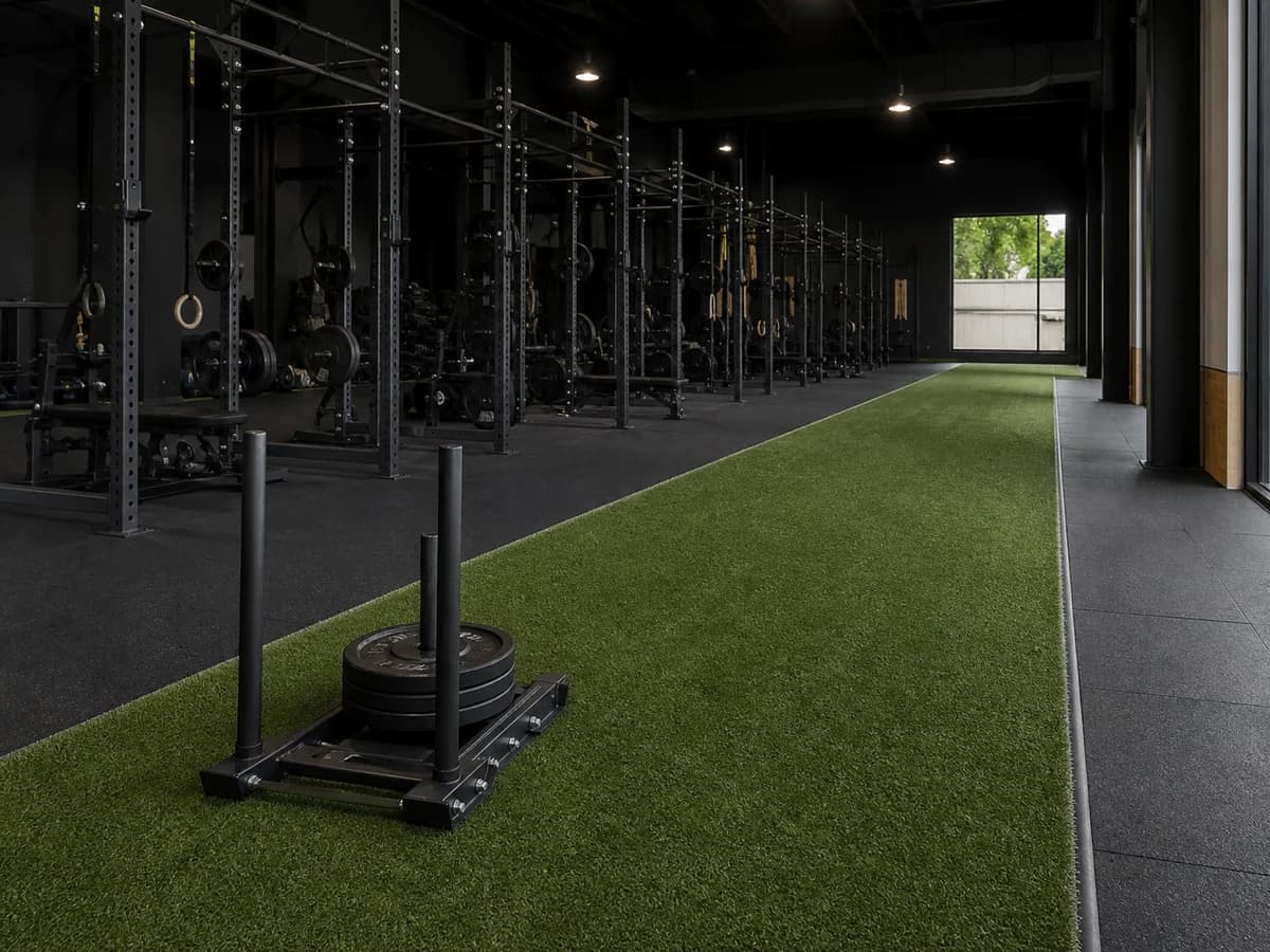 Commercial sled training lane installed beside strength equipment