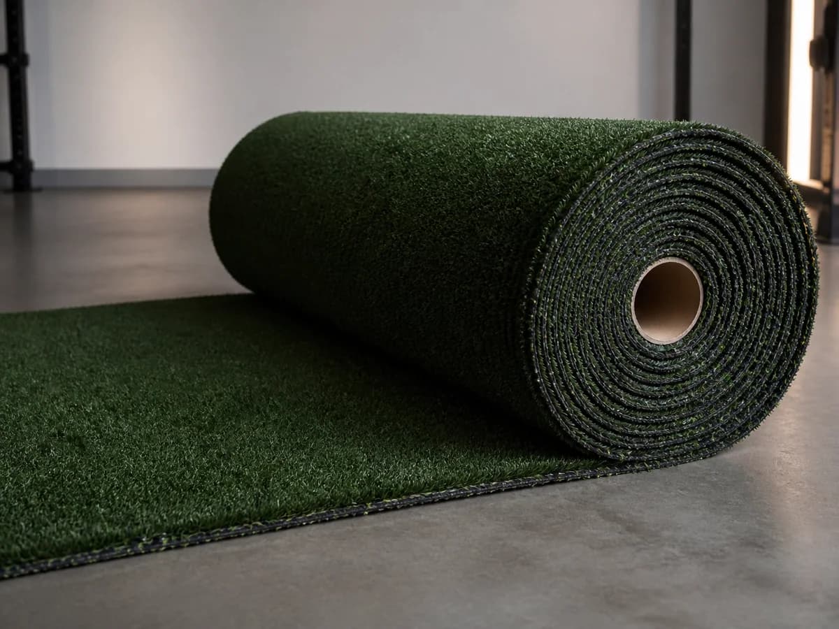Close view of dense gym turf fibers, backing and finished edge