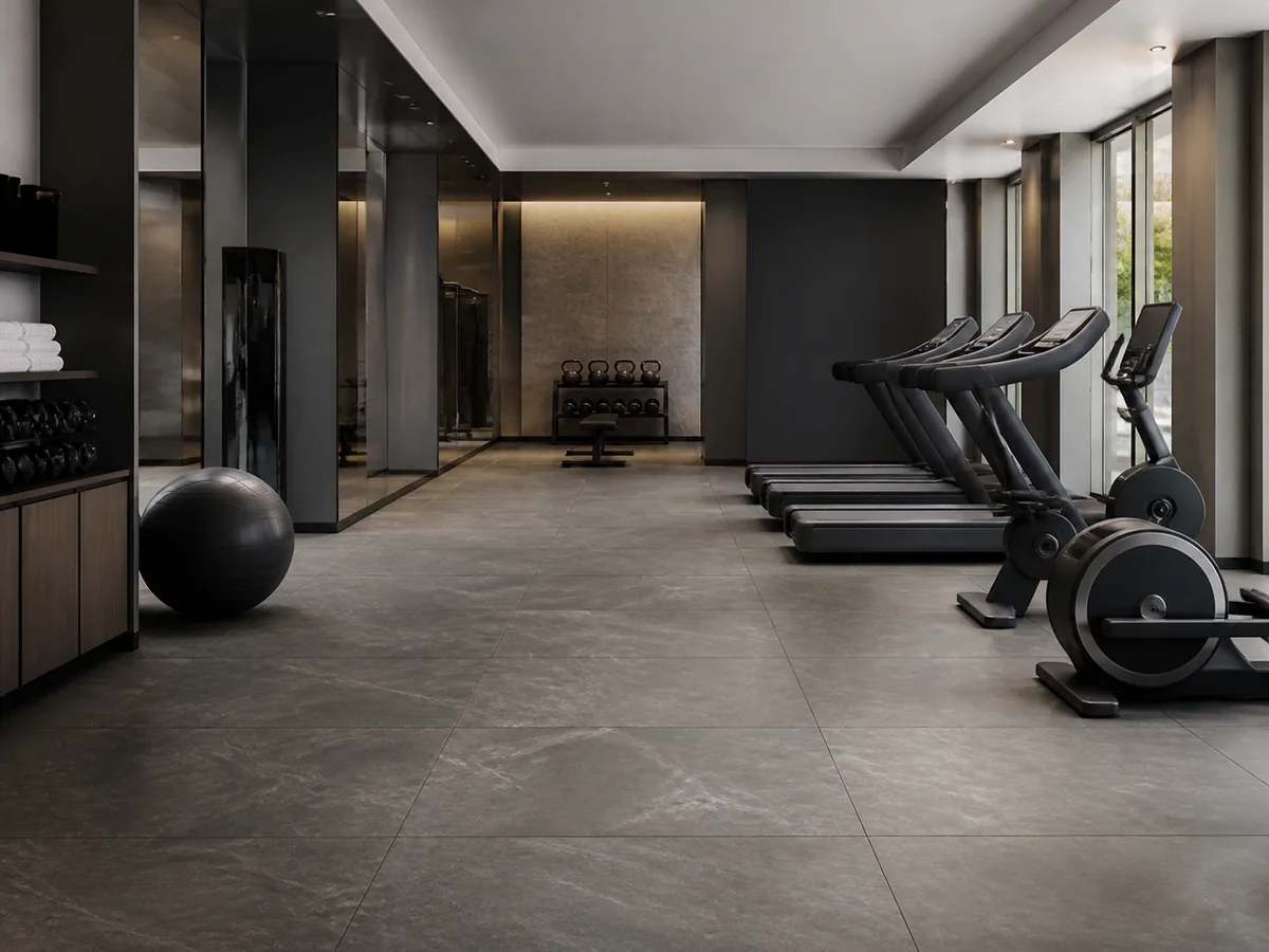Decorative modular flooring installed in a premium hotel fitness studio