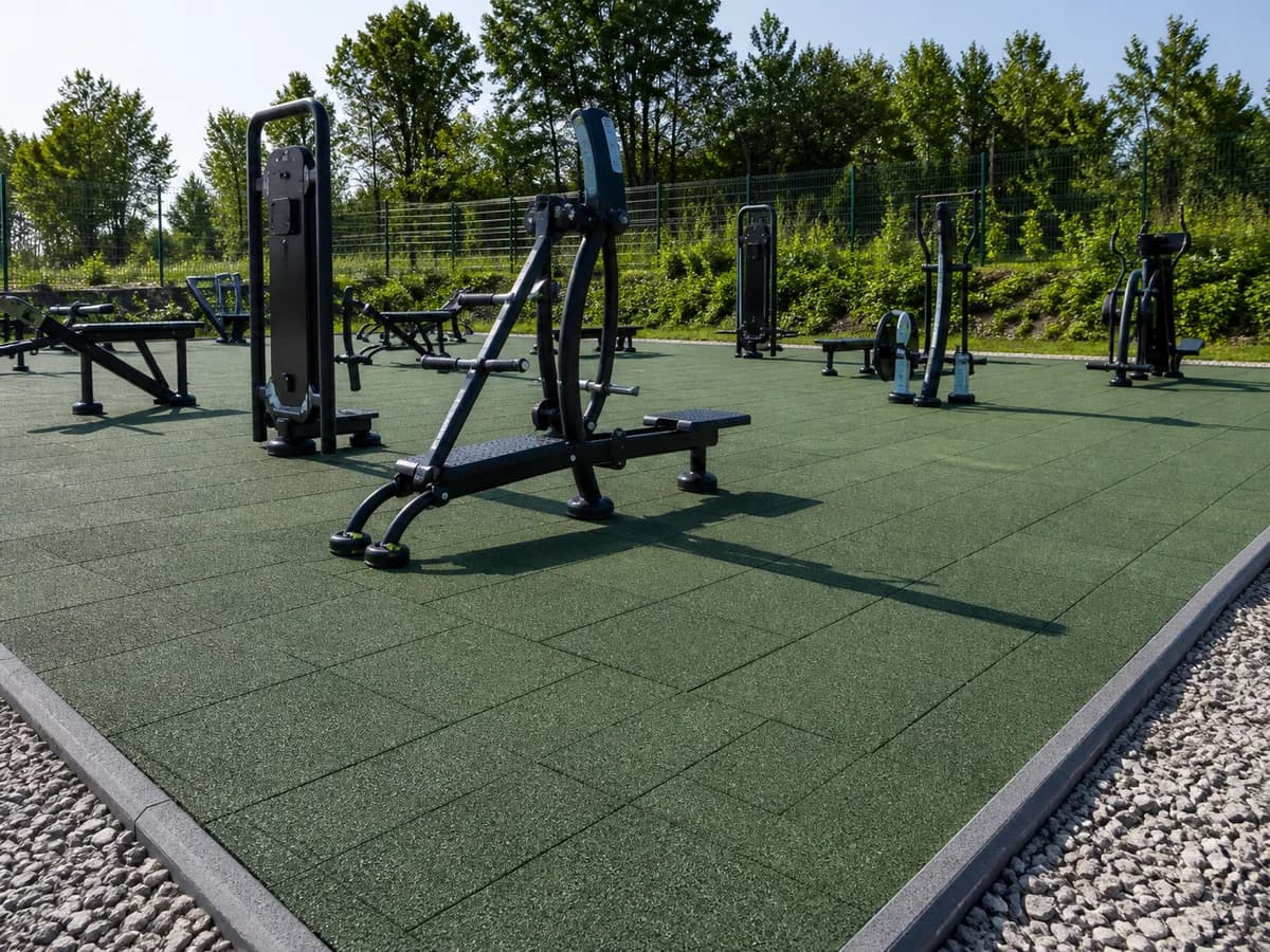 Outdoor gym project with resilient green turf-faced tiles