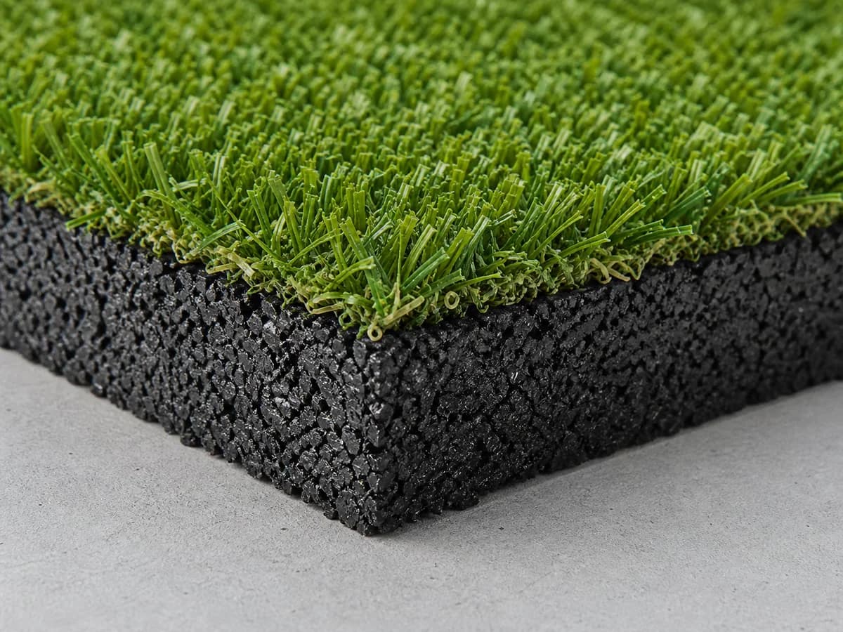 Close cross-section of synthetic turf fibers bonded to a rubber tile base