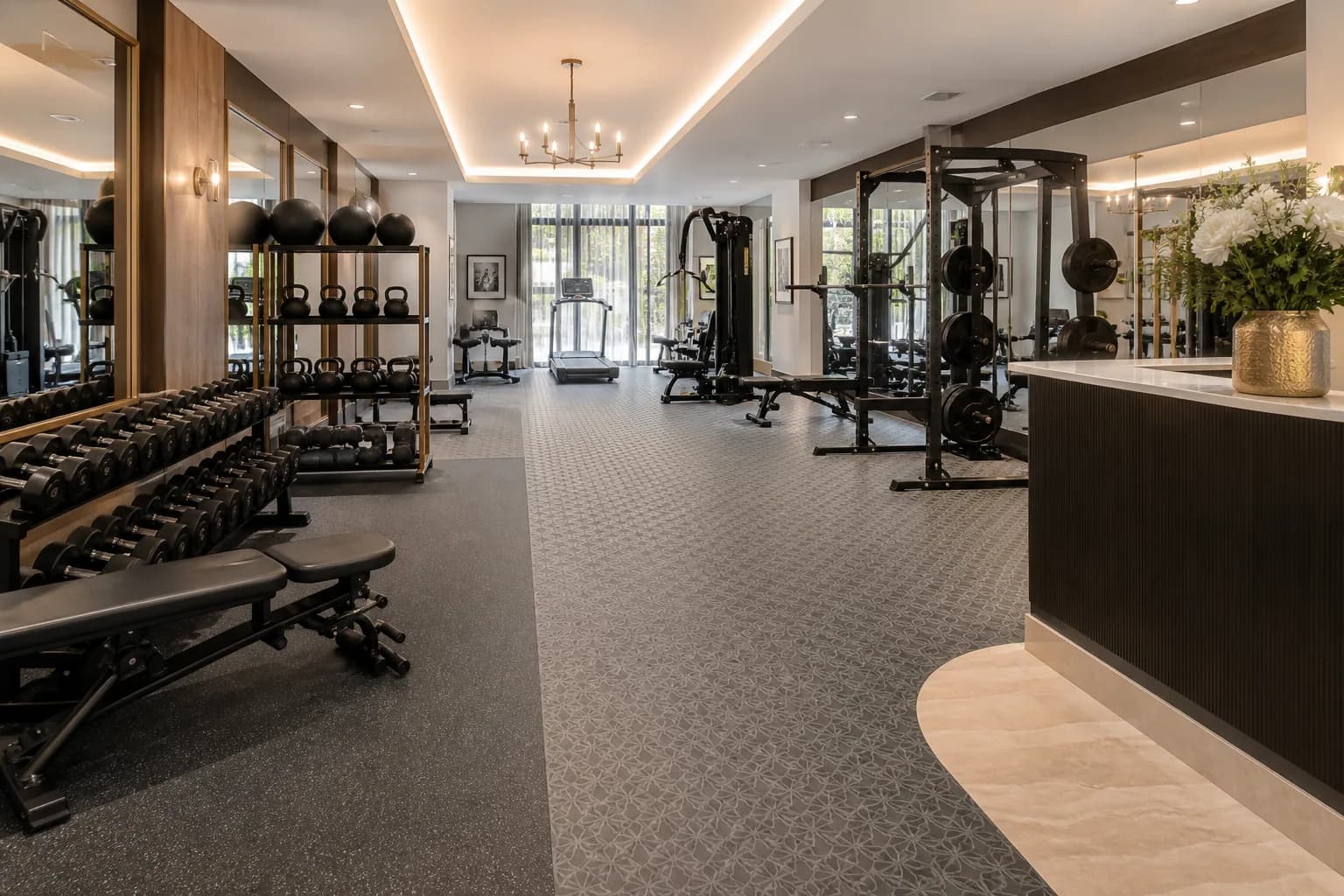 Group fitness and personal training studio: completed facility and full flooring concept using patterned commercial rubber tiles with resilient support-area options