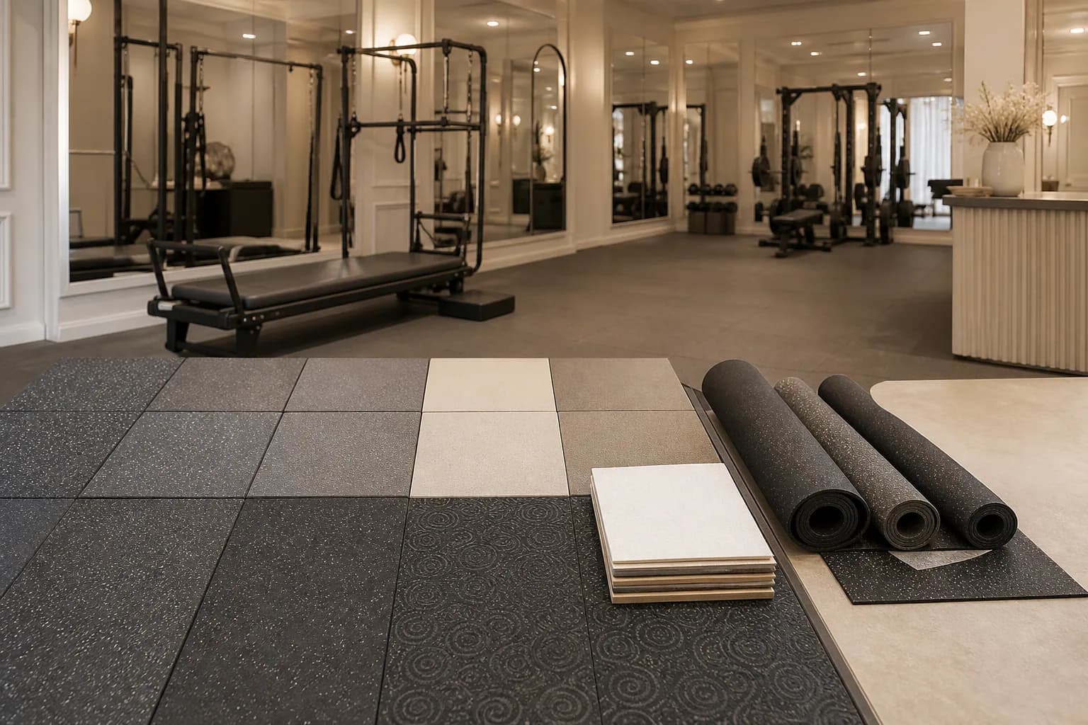 Group fitness and personal training studio: product, packing or project material coordination using patterned commercial rubber tiles with resilient support-area options
