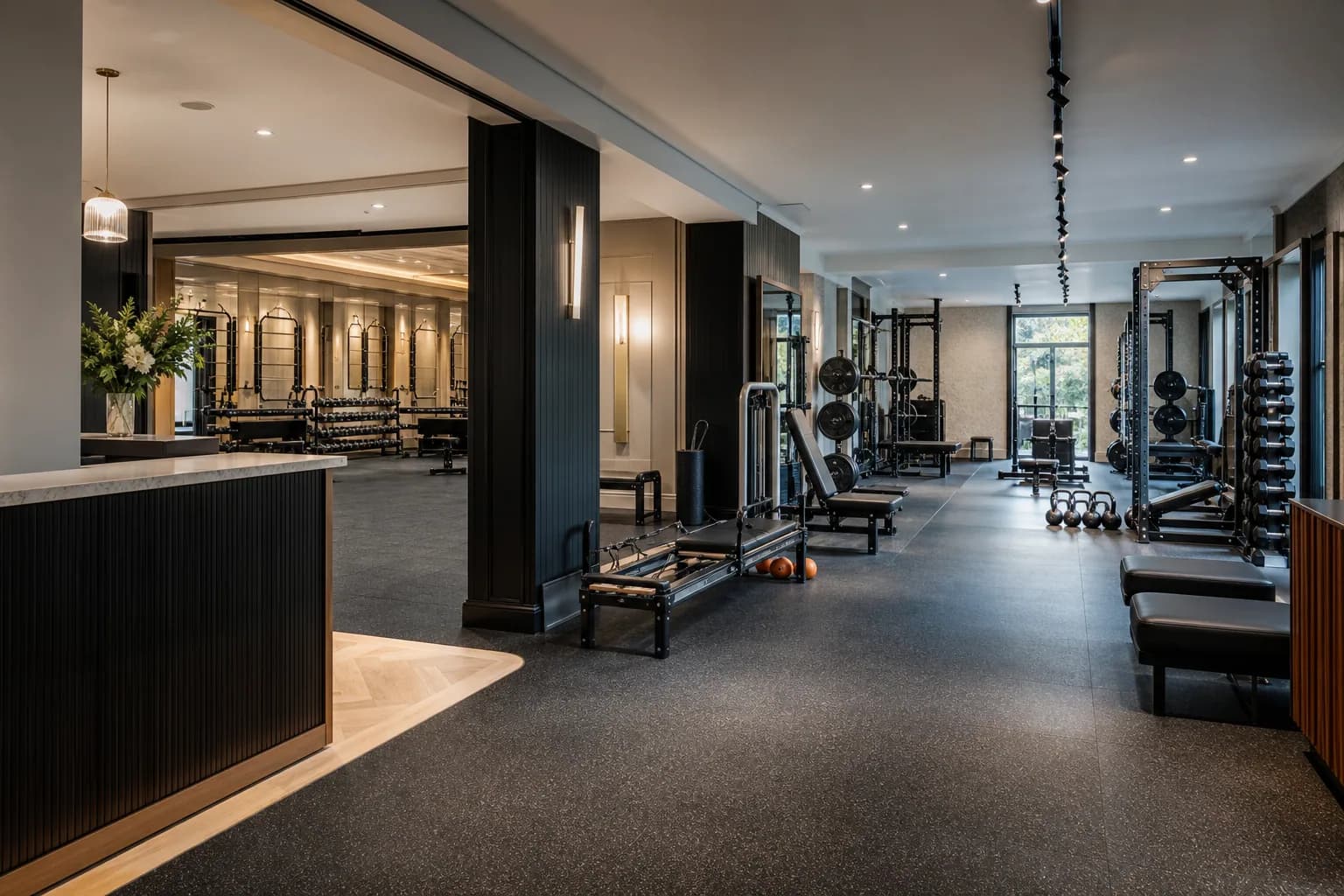 Group fitness and personal training studio: overall floor zoning and circulation using patterned commercial rubber tiles with resilient support-area options