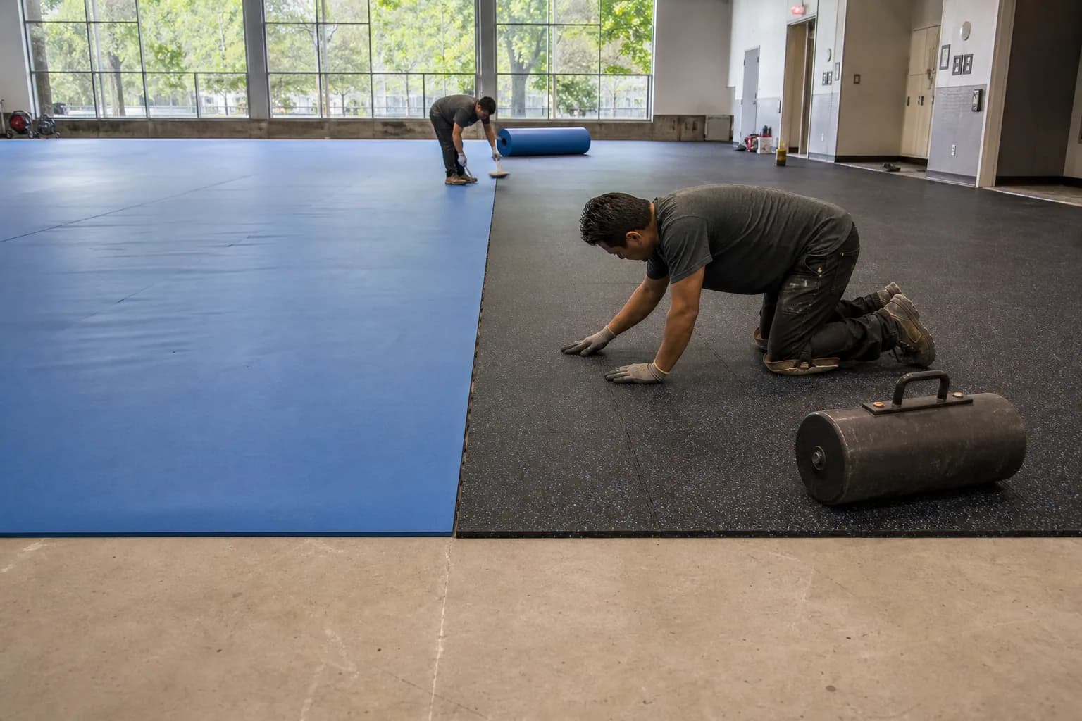 Indoor-outdoor community sports and recreation center: subfloor, set-out and installation control using multi-system public-facility specification using sports rolls and rubber tiles