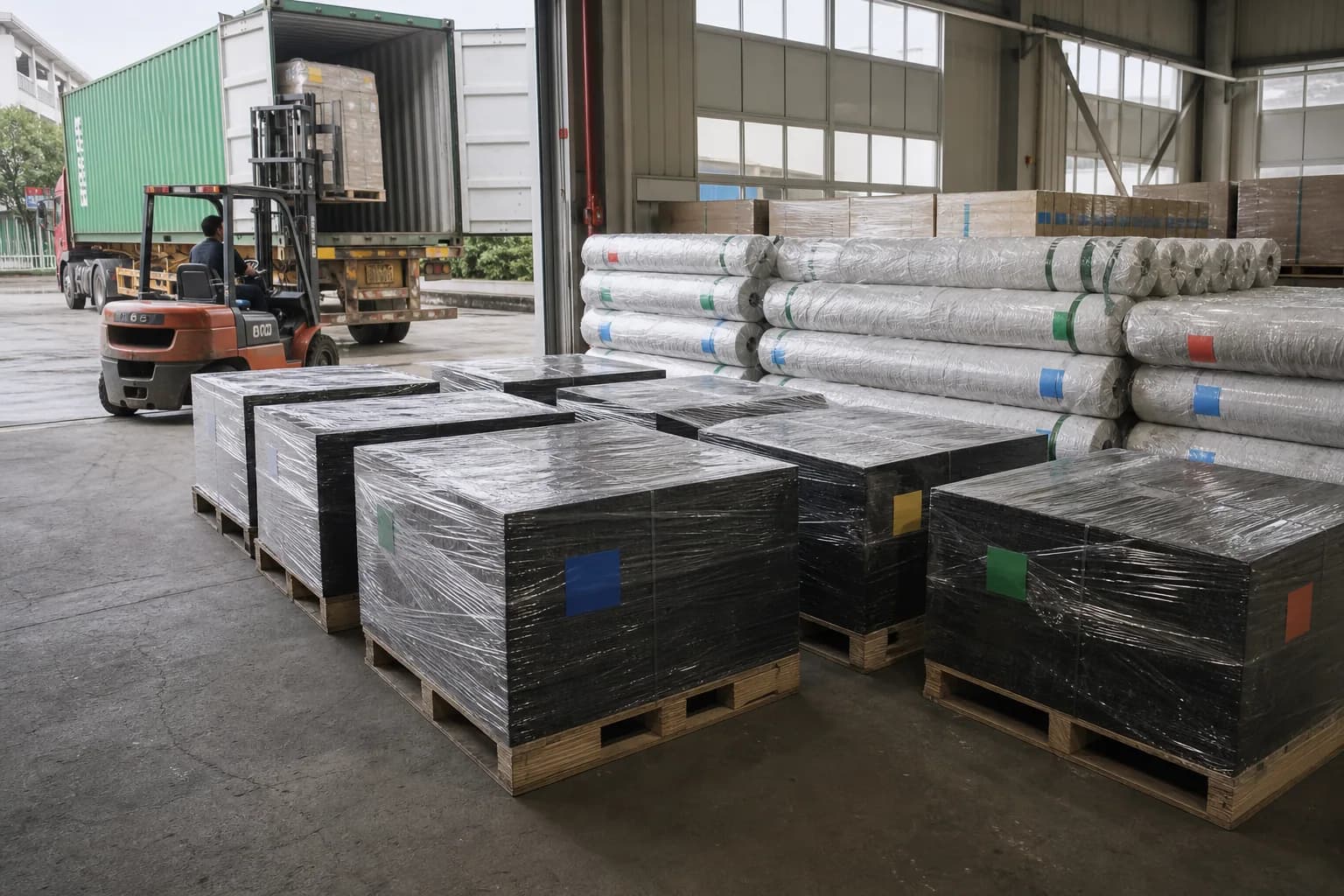 Indoor-outdoor community sports and recreation center: product, packing or project material coordination using multi-system public-facility specification using sports rolls and rubber tiles