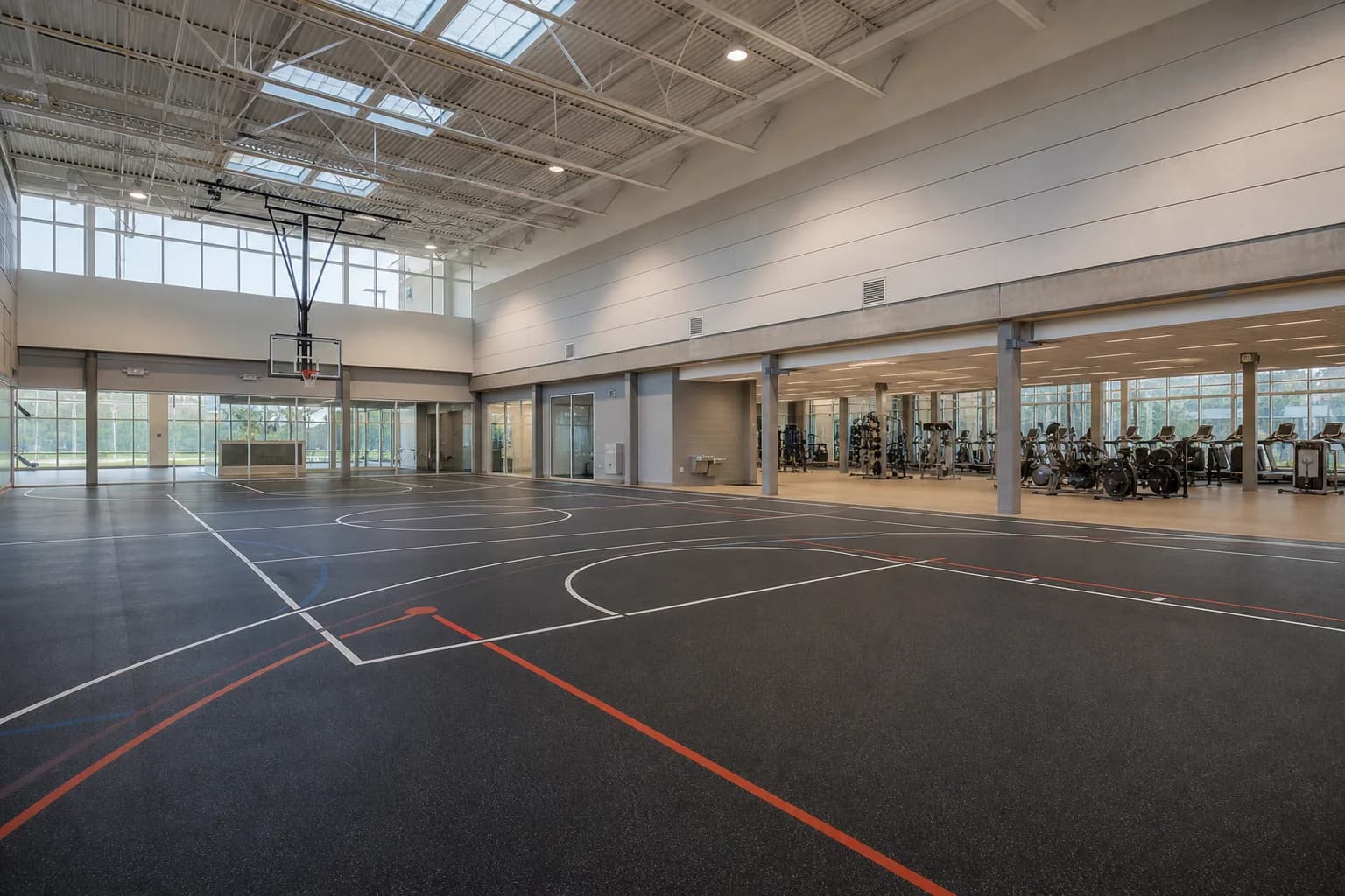 Indoor-outdoor community sports and recreation center: overall floor zoning and circulation using multi-system public-facility specification using sports rolls and rubber tiles