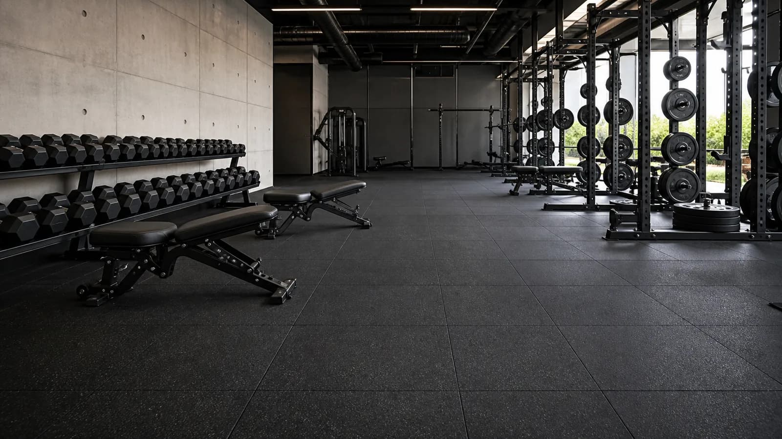 Professional free weight room with thick rubber tile flooring