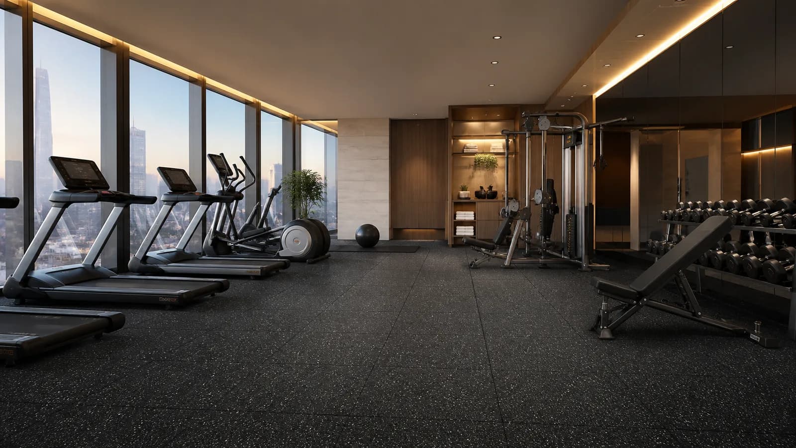 Sàn phòng gym khách sạn được bố trí theo từng vùng sử dụng