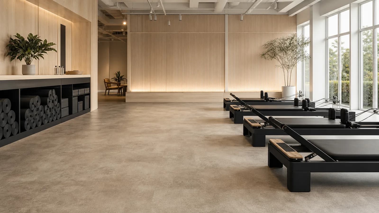 Premium yoga and Pilates studio with warm resilient flooring