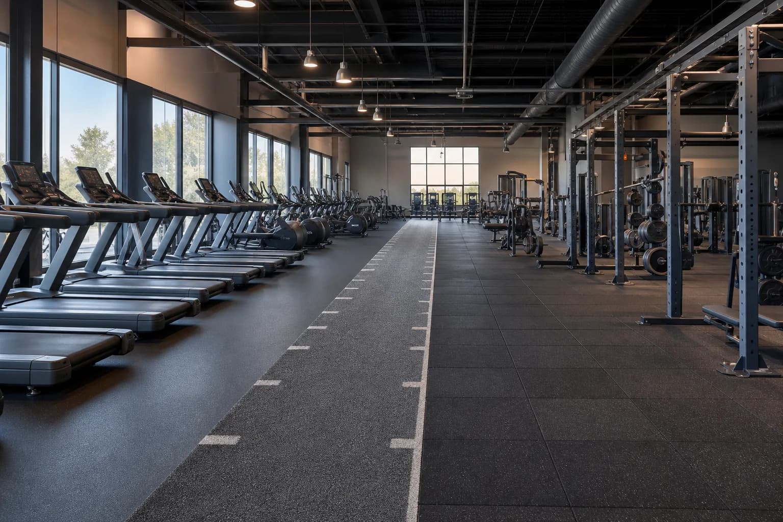 Large commercial fitness center with rubber rolls, turf and rubber tile training zones