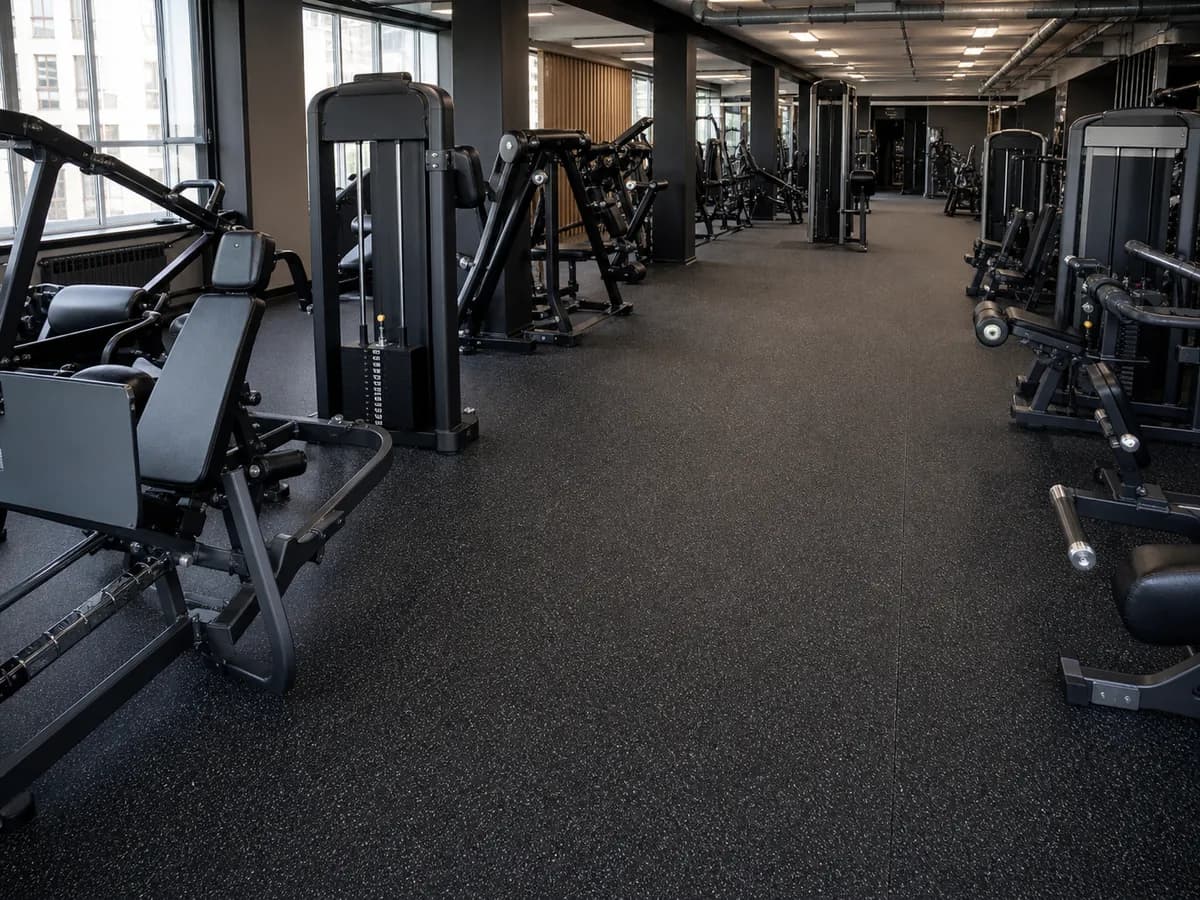 Commercial gym with durable speckled rubber roll flooring and clear circulation aisles