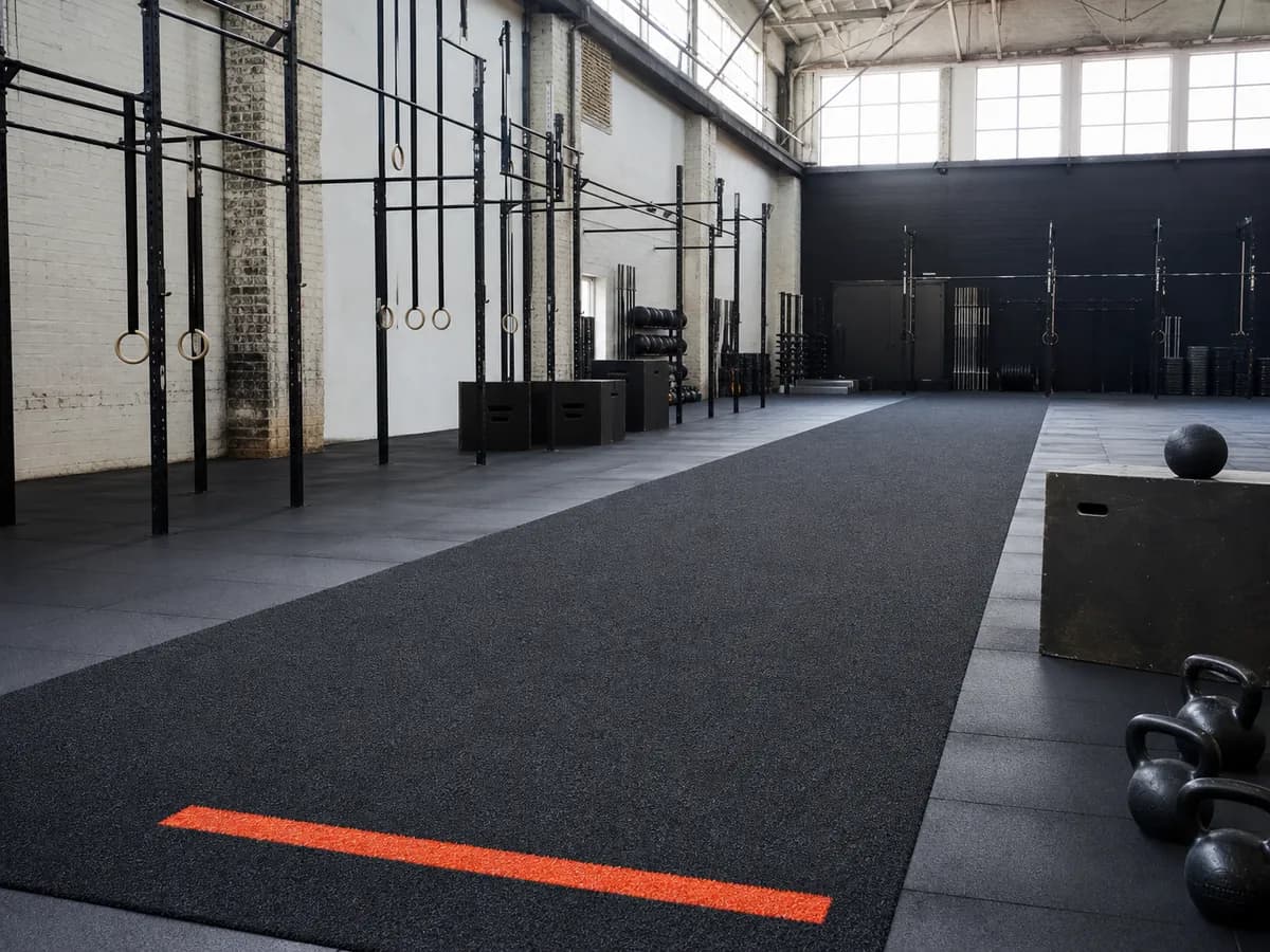 Functional training facility with gym turf lane and adjoining rubber tile floor