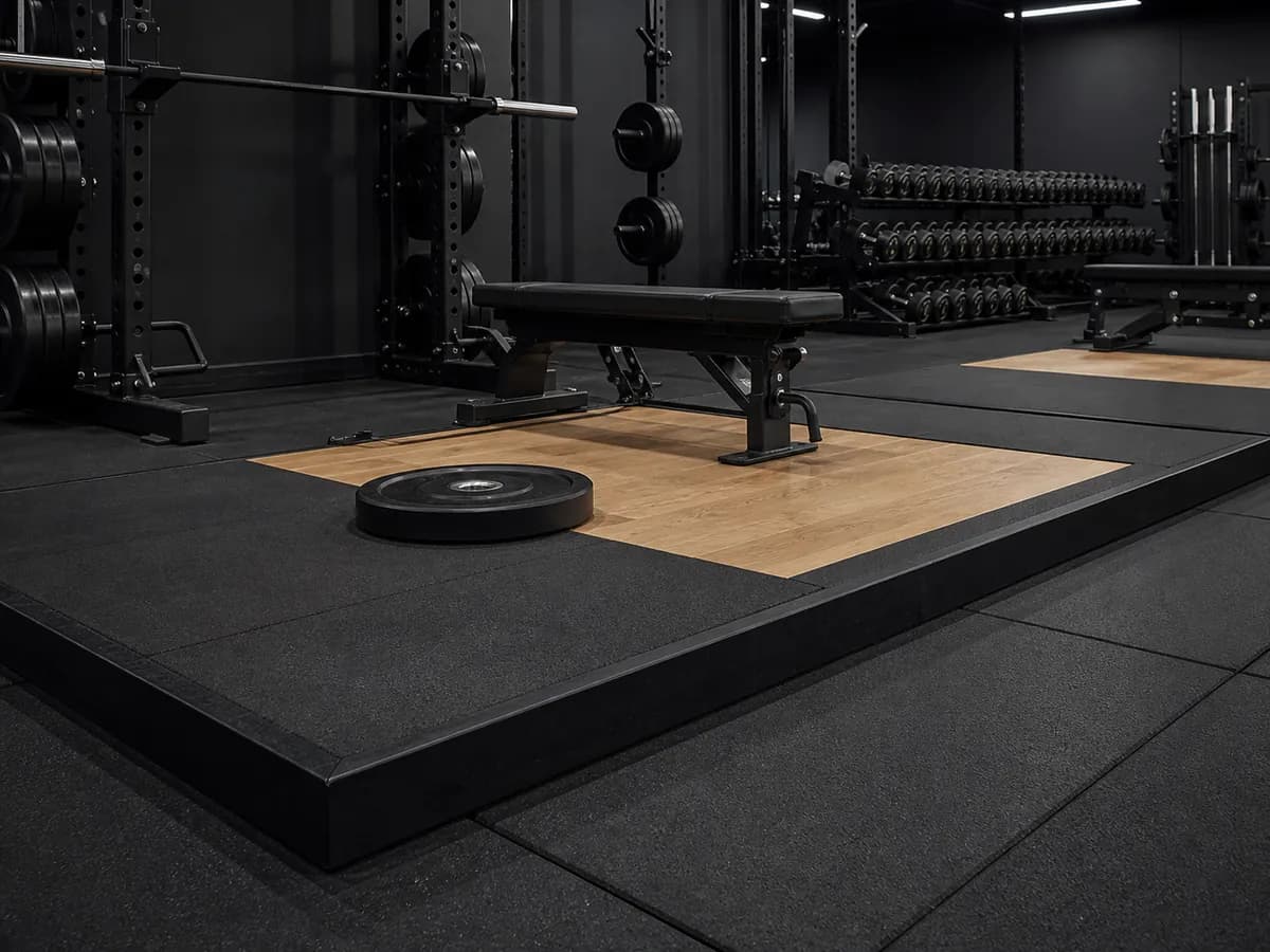 Free weight room with thick rubber tiles and integrated lifting platforms
