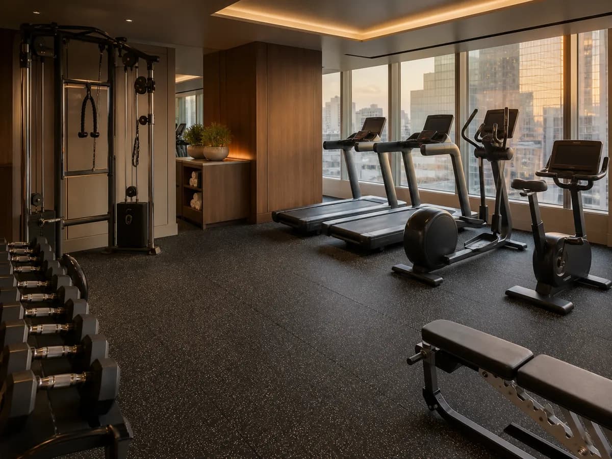 Premium hotel gym with precision-cut rubber tile flooring