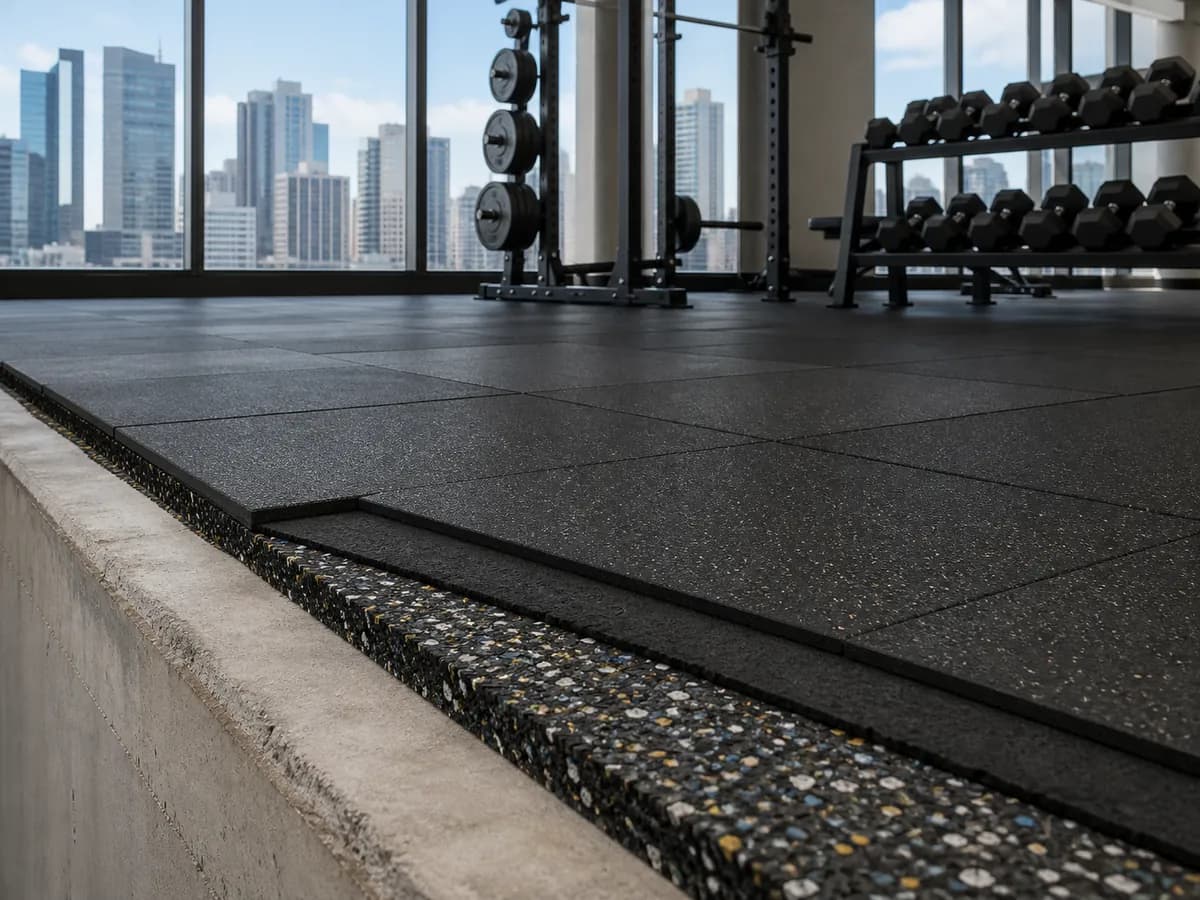 Upper-floor gym showing rubber flooring over acoustic underlay