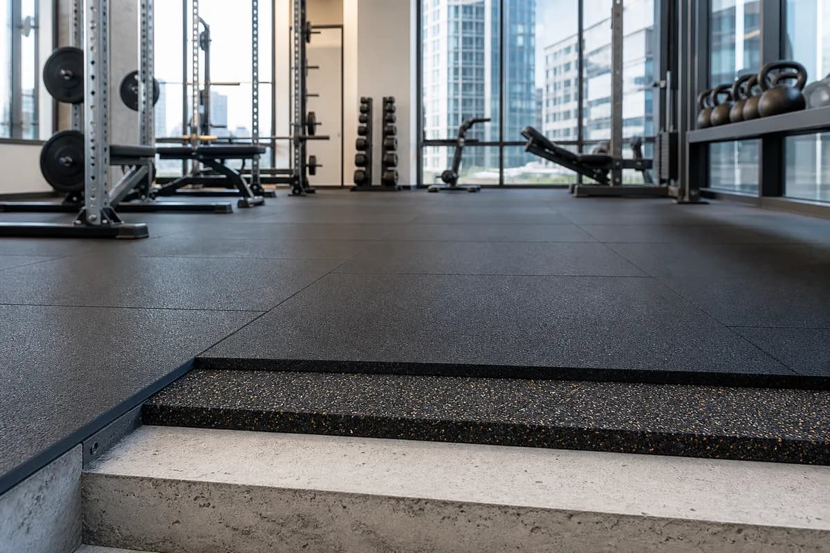 Upper-floor gym showing rubber flooring and a realistic acoustic underlay build-up