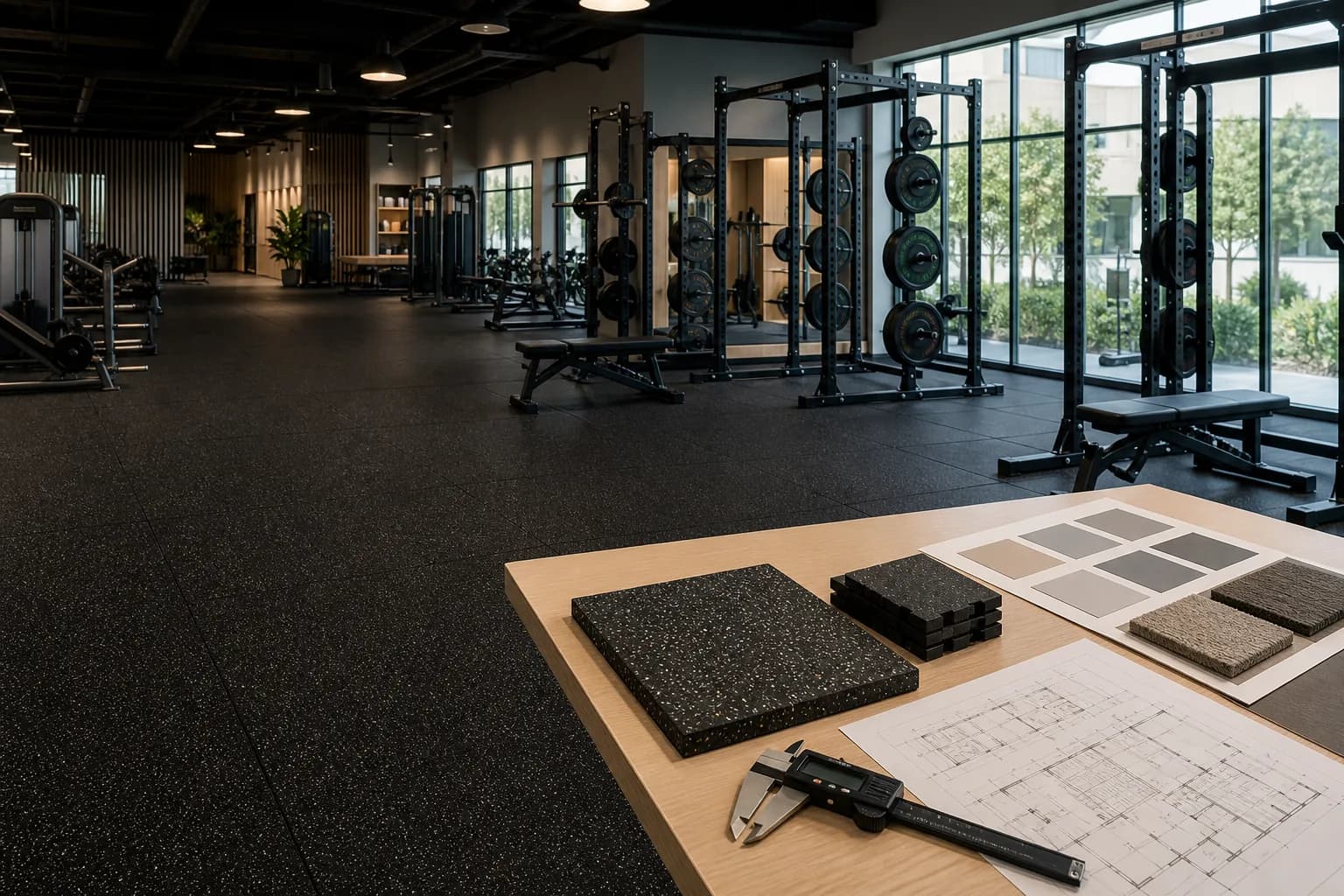 Commercial gym flooring and technical sample worktable