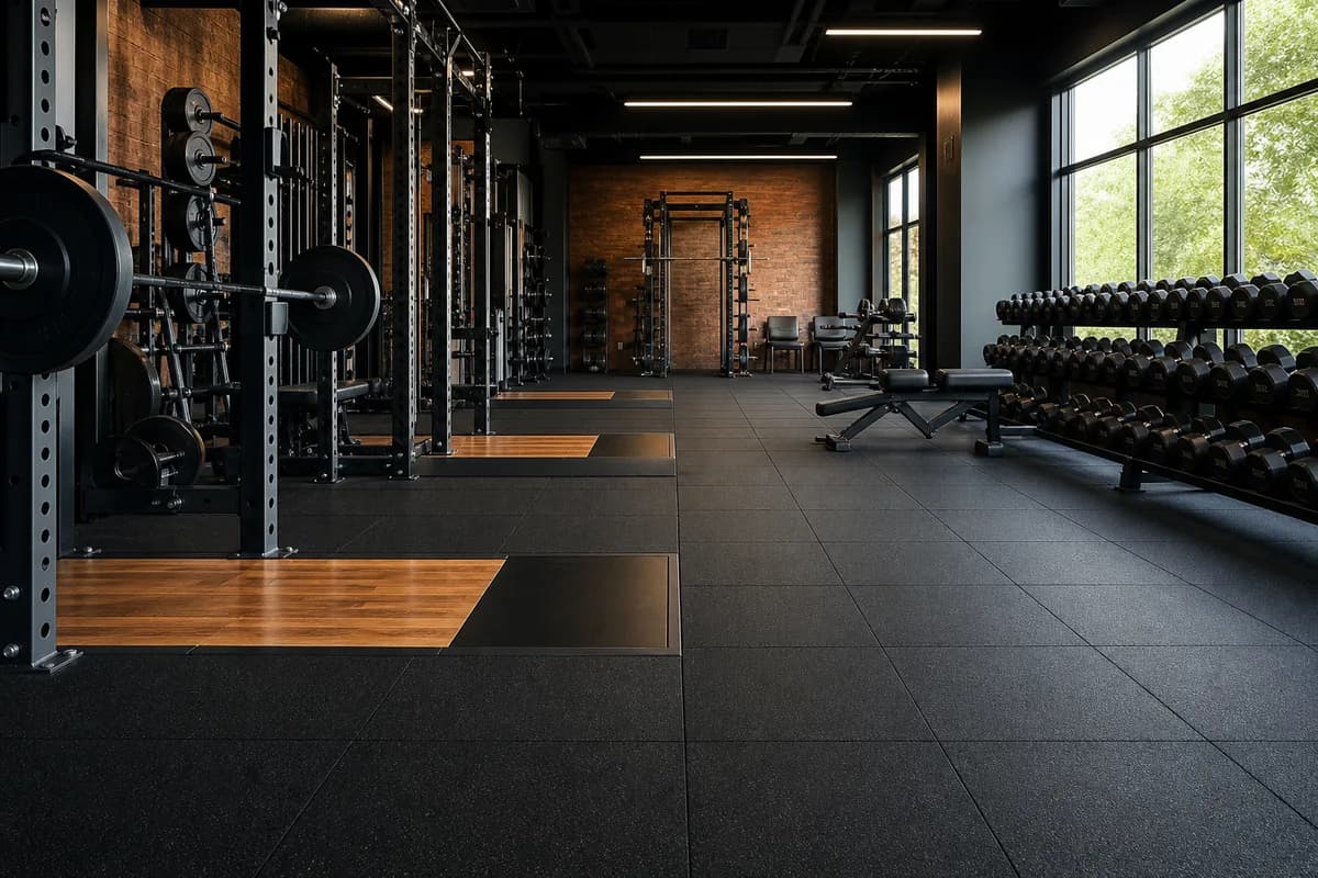 Commercial free-weight room with heavy-duty rubber tiles and lifting platforms