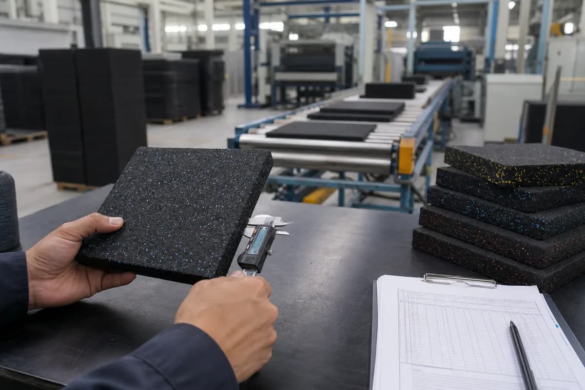 Rubber flooring factory quality inspection using a caliper on a tile sample