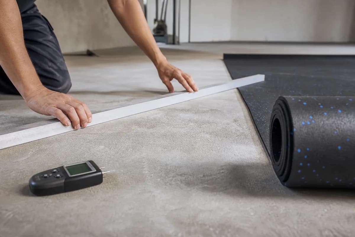 Installer checking a concrete subfloor beside a rubber flooring roll