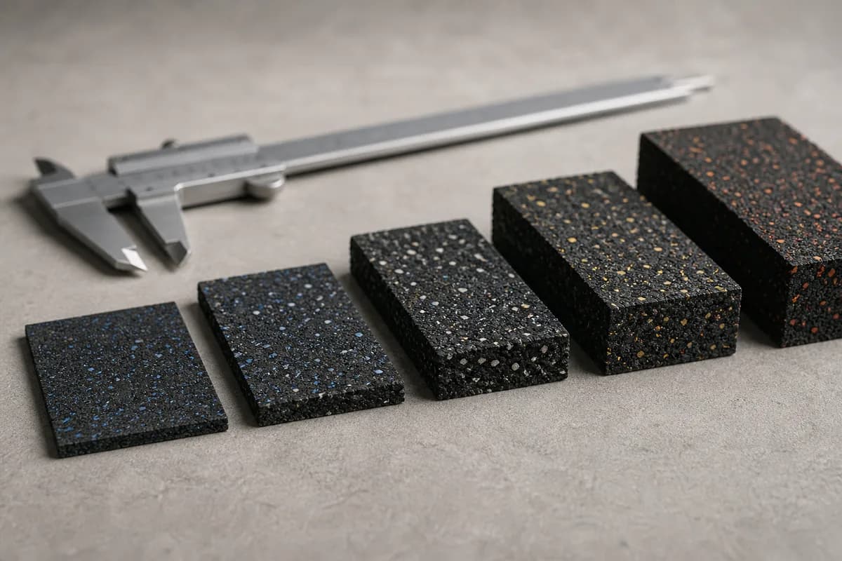 Rubber flooring samples with different realistic thicknesses beside a caliper