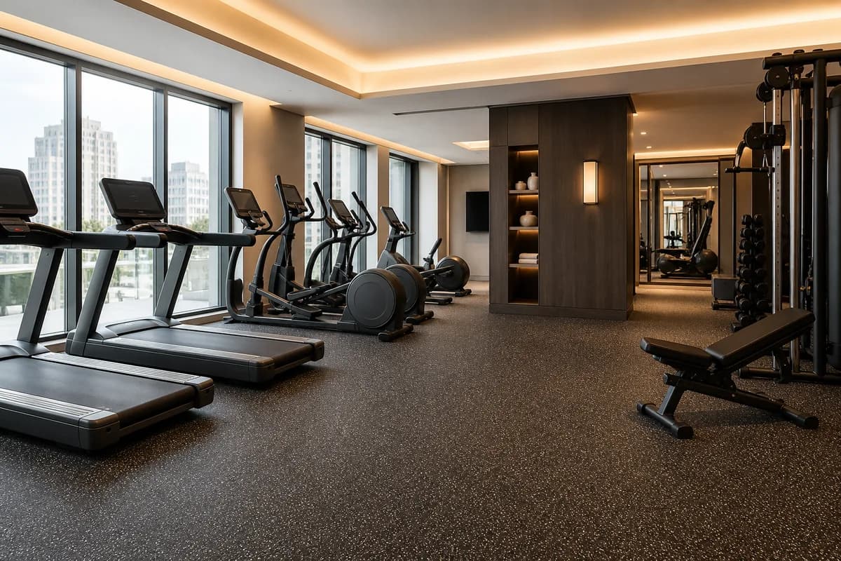 Premium hotel fitness room with rubber flooring in cardio and strength zones