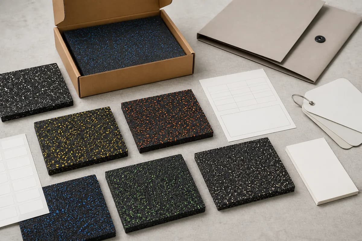 OEM rubber flooring color samples, unbranded packaging and specification documents