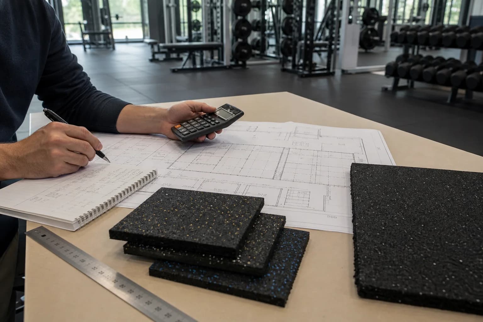 Estimator reviewing commercial gym plans, rubber flooring samples and area calculations