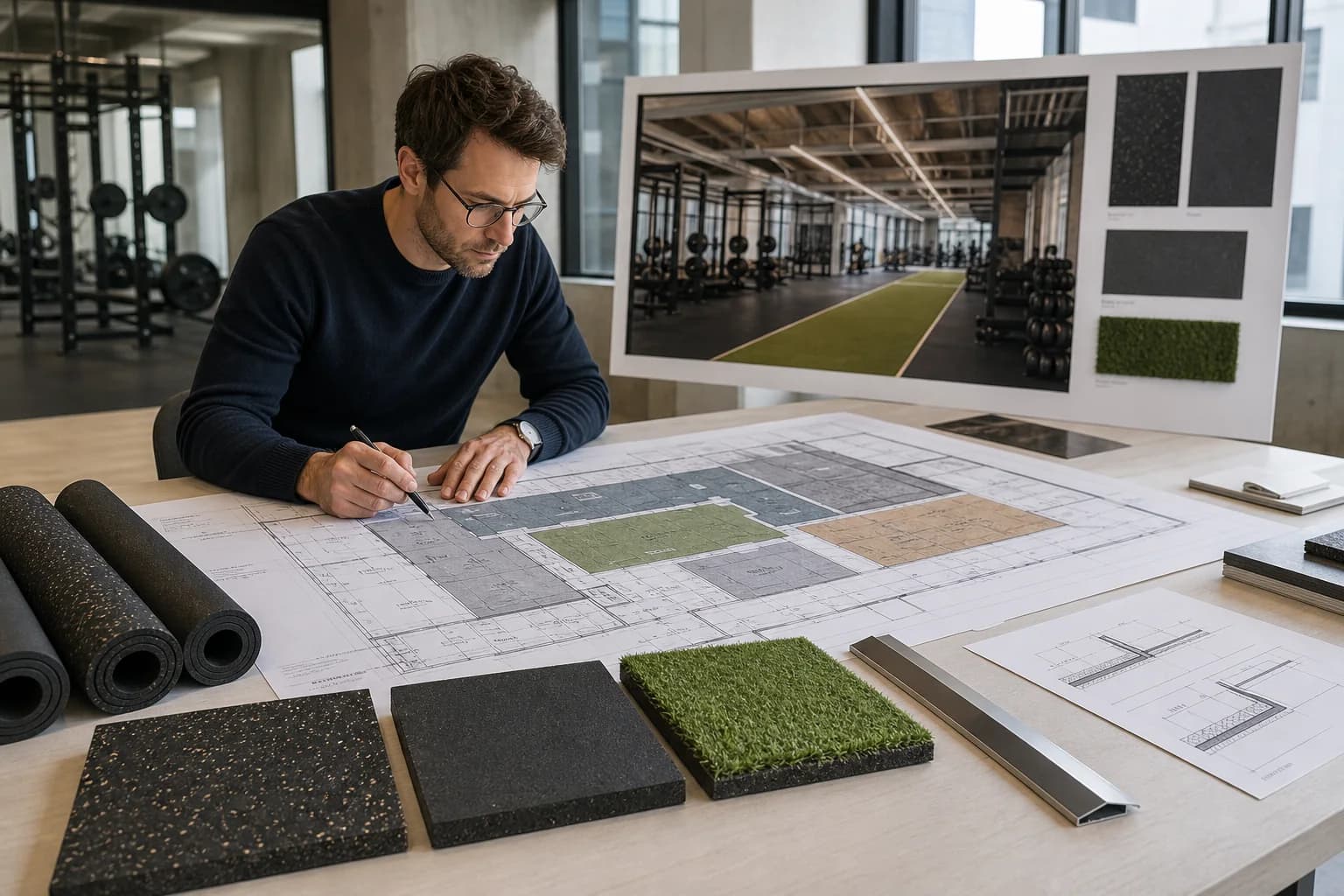 Architect developing a zone-by-zone gym flooring plan with rubber, turf and transition samples
