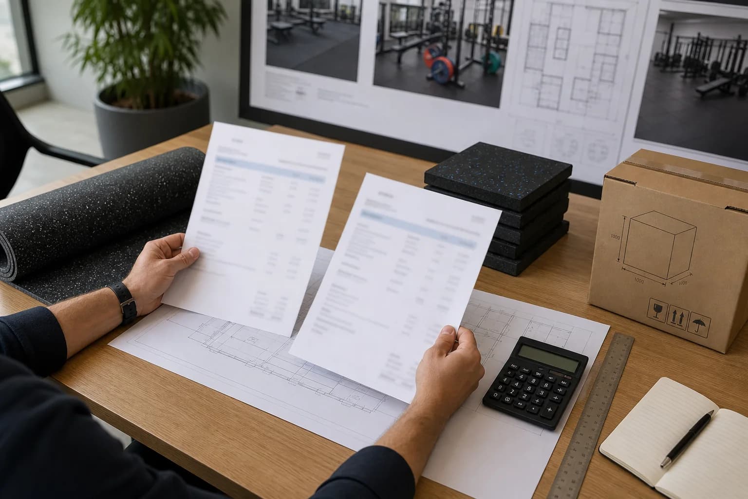 Procurement manager comparing gym flooring quotations, samples, plans and packing dimensions