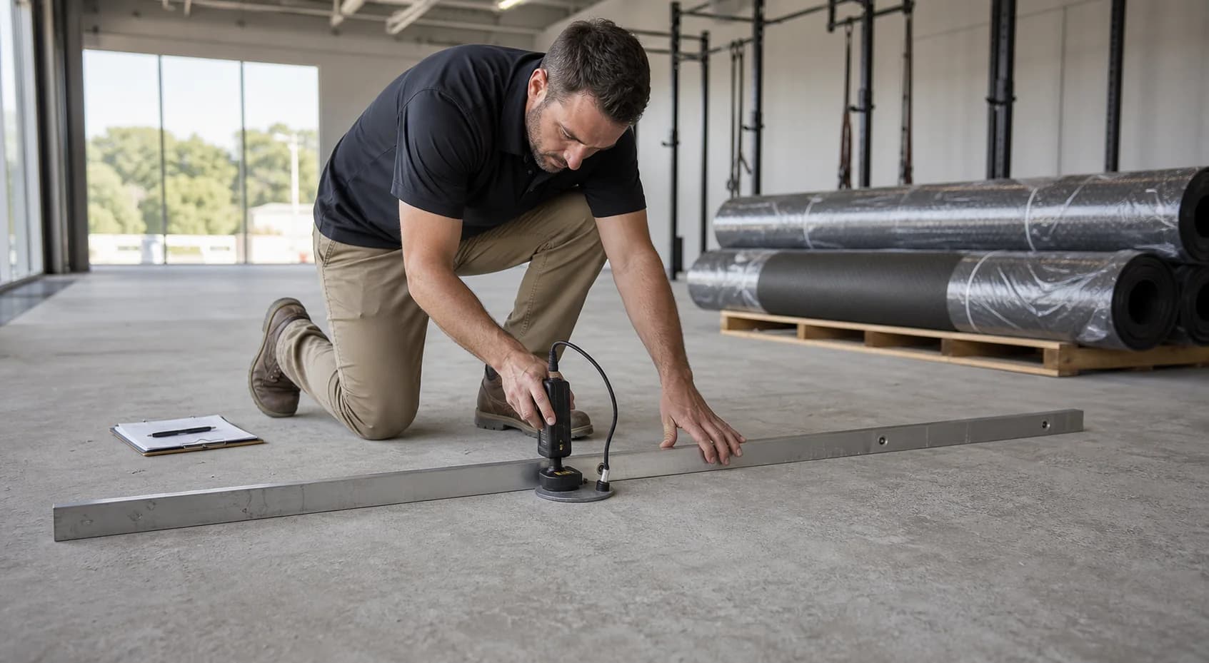 Flooring specialist testing a concrete gym subfloor with moisture equipment and a straightedge