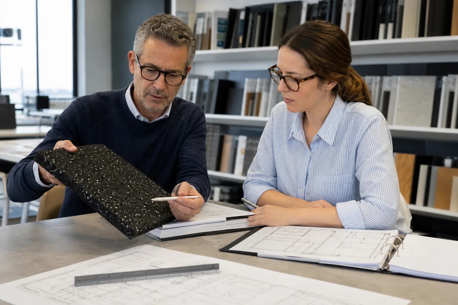 Architects reviewing rubber flooring samples and project compliance documents