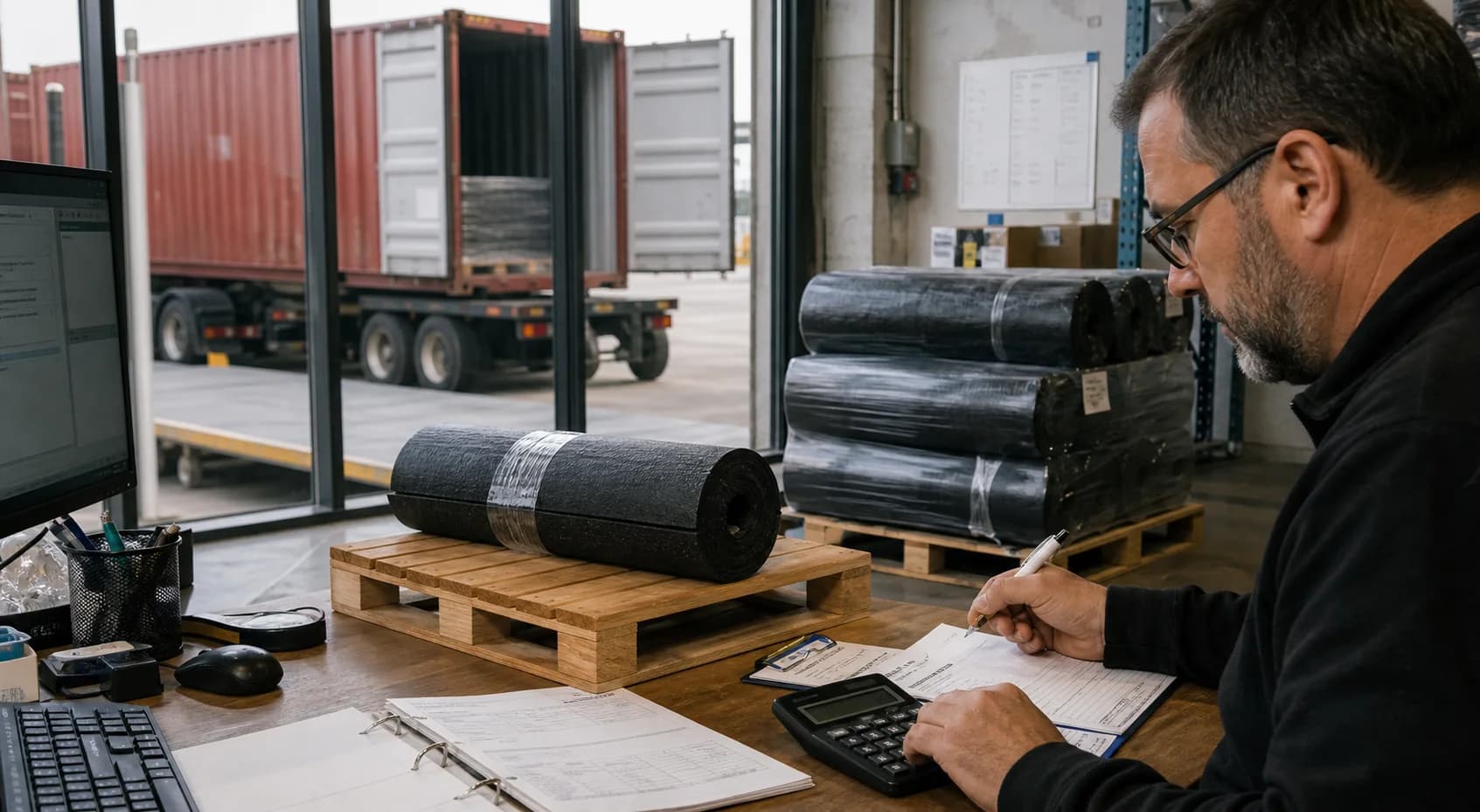 Import manager calculating gym flooring landed cost beside pallets, rolls and containers
