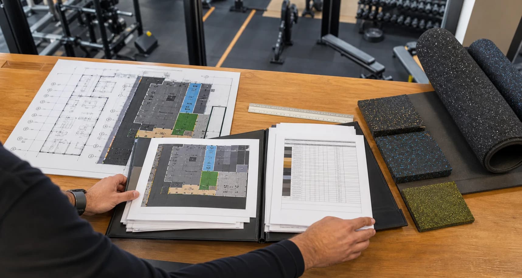 Project buyer preparing a gym flooring RFQ package with plans, samples and quantities