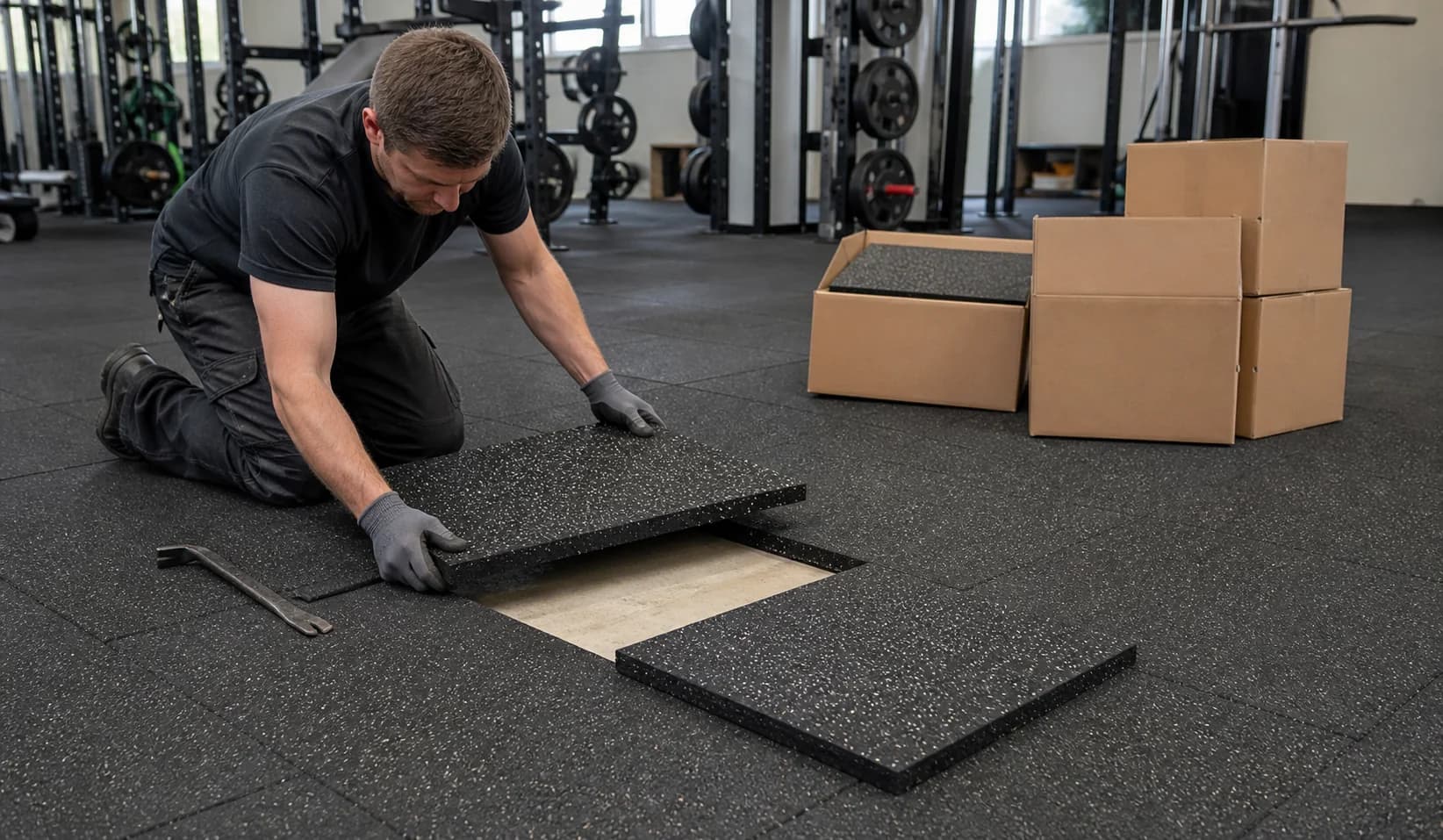Maintenance technician replacing a modular rubber gym tile using matched spare stock