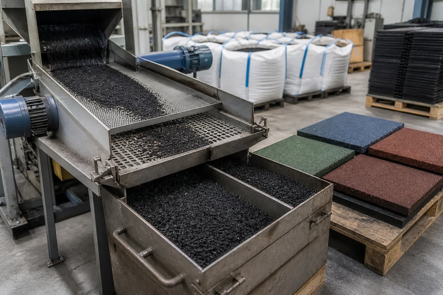 Sorted recycled rubber granules moving through screening equipment beside finished flooring tiles