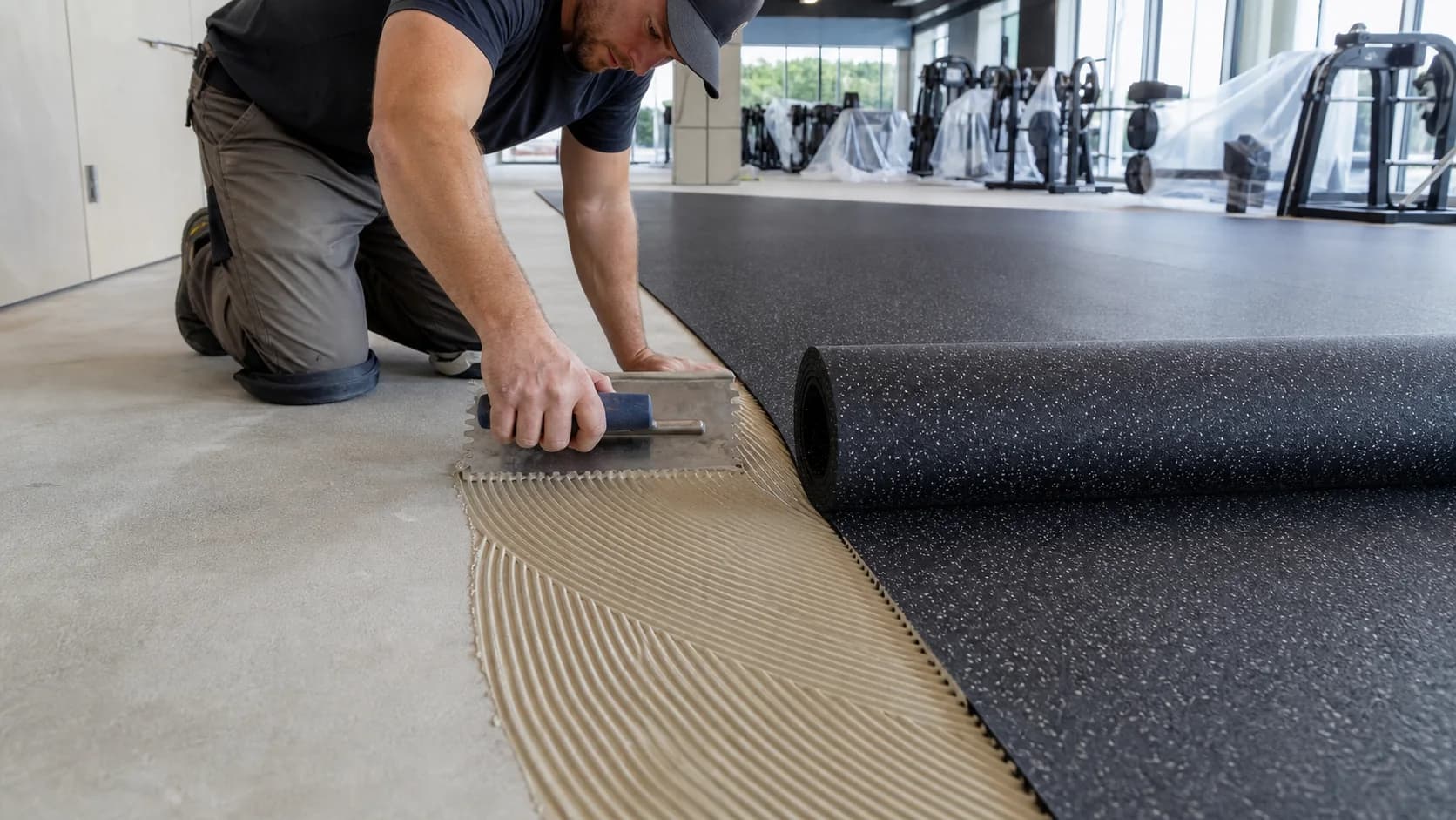 Professional installer applying notched adhesive while unrolling commercial rubber flooring