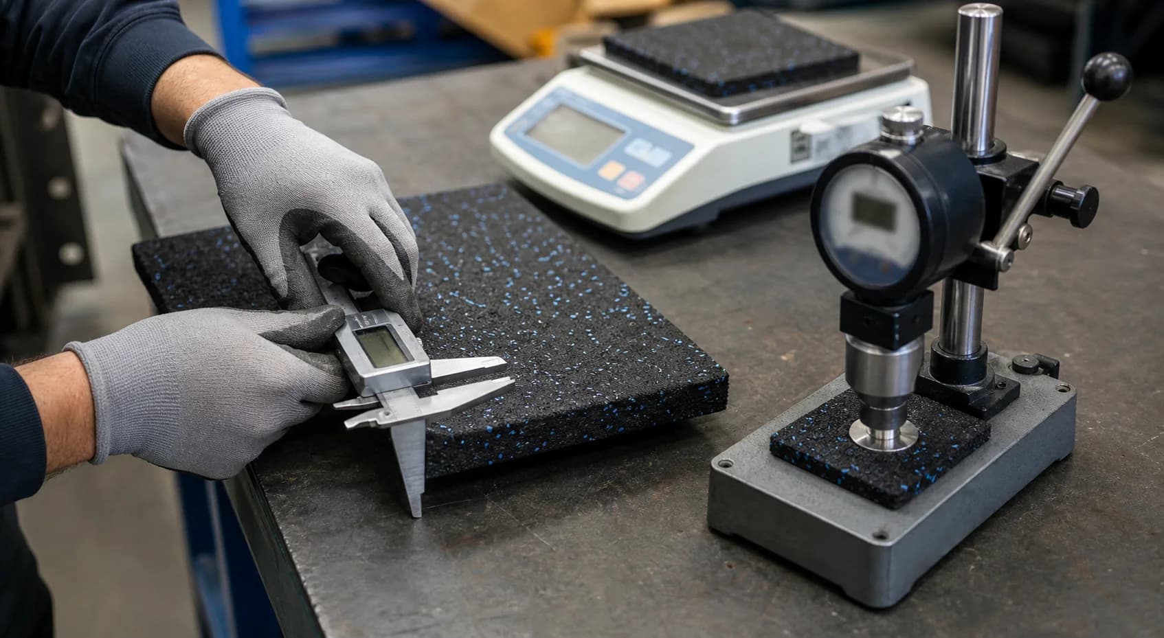 Quality technician measuring rubber flooring with caliper, scale and hardness tester