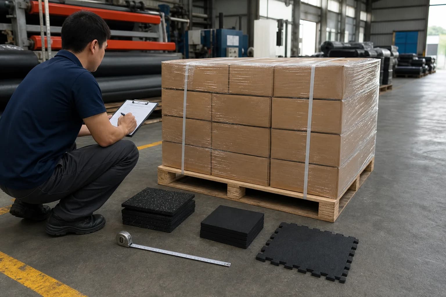 Warehouse worker reviewing a trial pallet of boxed rubber gym flooring and samples