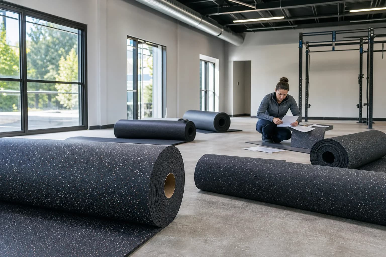 Rubber flooring rolls acclimating in a ventilated commercial fitness room