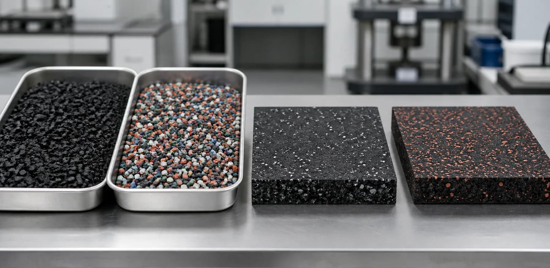 SBR and colored EPDM rubber granules beside finished gym flooring samples