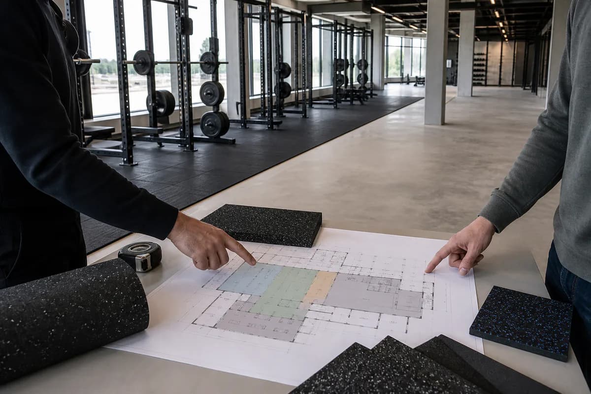 Commercial gym flooring recommendation meeting with floor plans and training zones