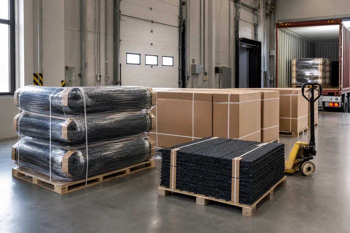 Rubber flooring rolls and tiles prepared with export cartons and pallets