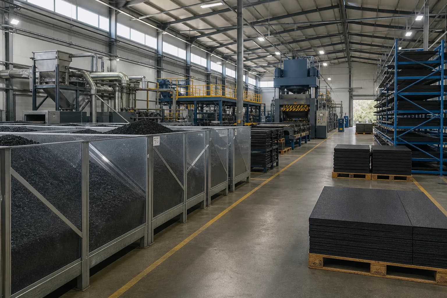 Commercial rubber gym flooring manufacturing facility with production and packing zones