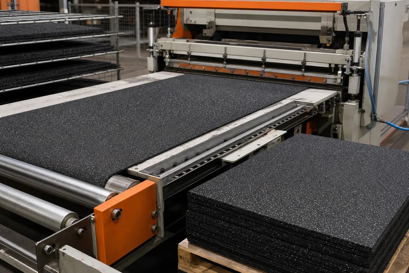 Rubber gym flooring sheet production and cutting line