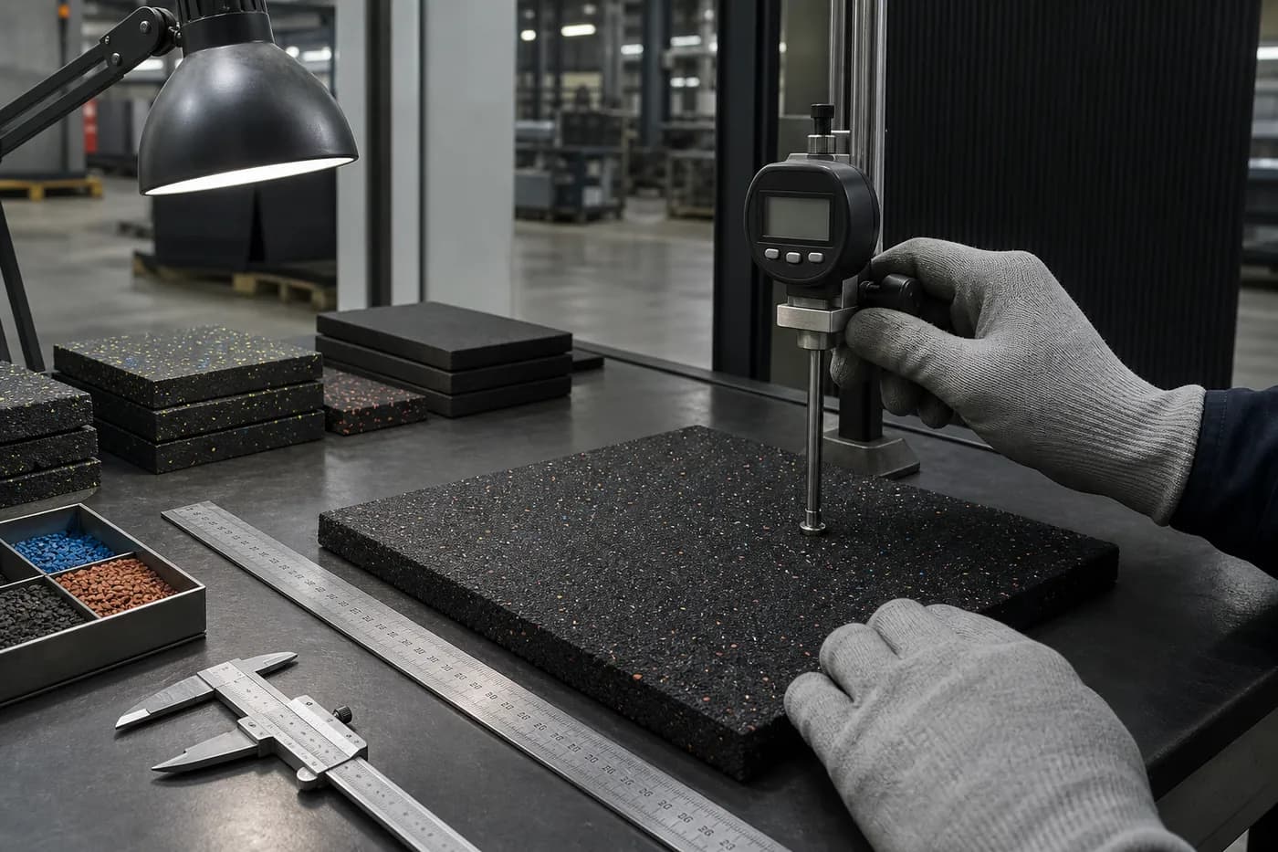 Rubber flooring thickness and dimension inspection station